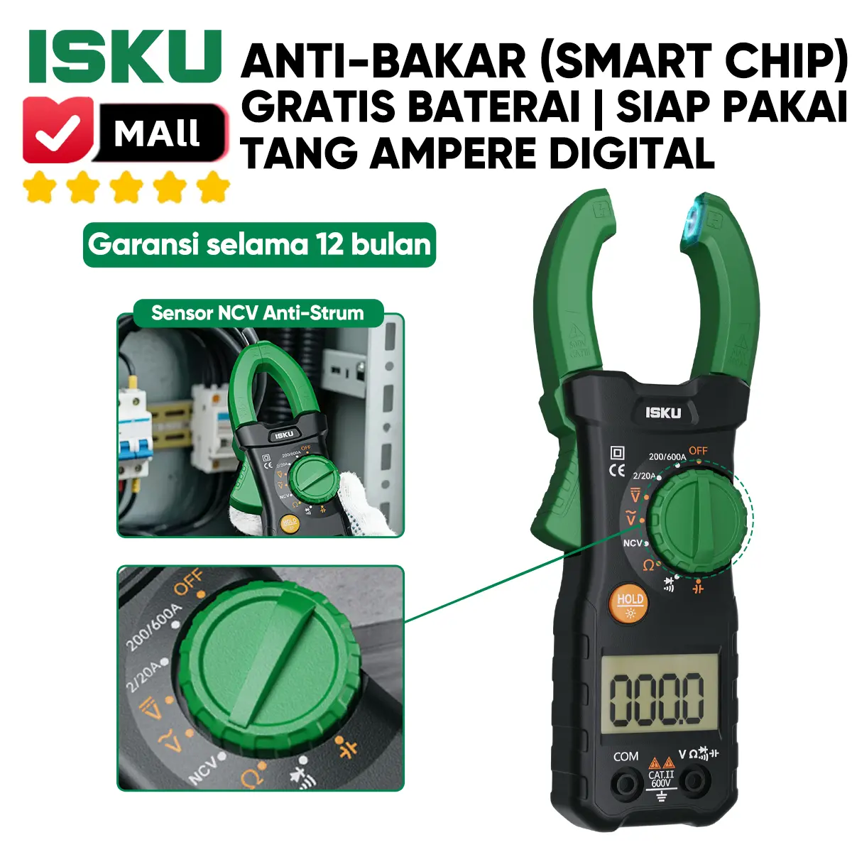 ISKU Tang Ampere Digital Clamp Meter Multitester Avometer AC DC True RMS 600A Anti Bakar Cerdas Fitur NCV Deteksi Kabel Listrik Multimeter Layar Backlight HD Perkakas Teknisi Listrik AC Alat Ukur Tegangan Arus Lengkap Baterai