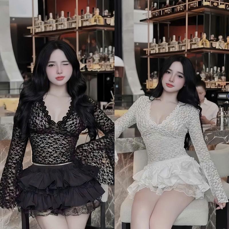SET VÁY NỮ áo ren thiết kế cổ V dài tay mix chân váy mango phối ren xếp tầng dáng ngắn xòe xinh xăn dể thương dàng cho các nàng diên đi chơi đi tiệc.women top