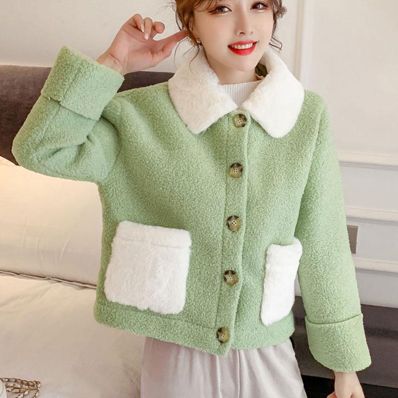 Áo Khoác Mùa Đông, Quý Cô Thanh Lịch, Chất Liệu Nhung Cừu Giả, Cổ Polo, Dài Tay, Dáng Rộng Vừa Vặn, Cỡ Lớn, Áo Khoác Một Hàng Cúc 3