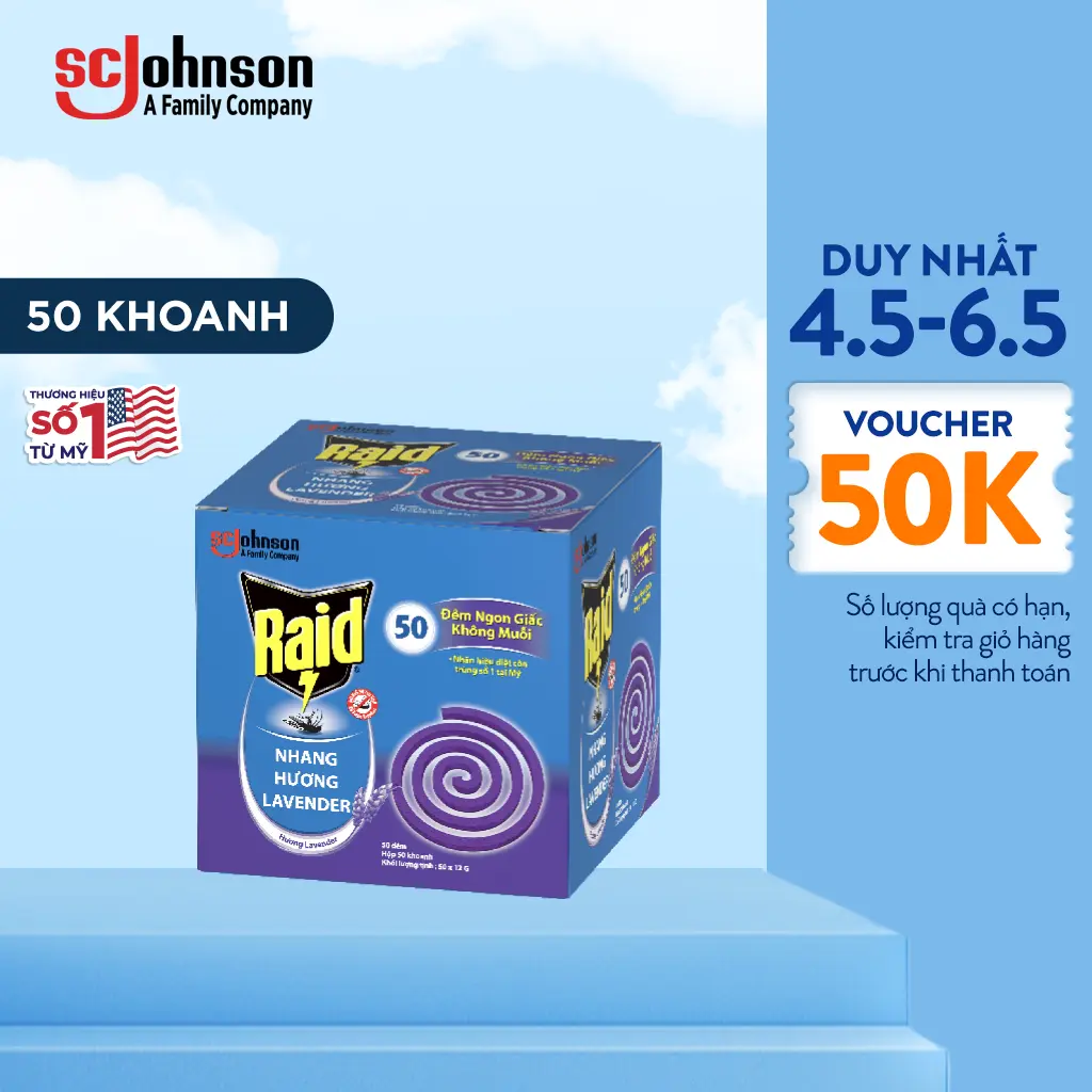[Mua đơn 149k nhận phone ring]RAID Nhang diệt muỗi Hương Lavender - 50 khoanh