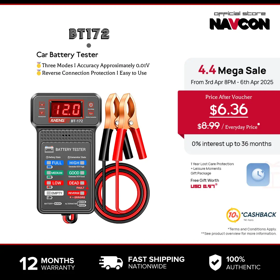 Navcon Car Battery Tester, 12V Digital Automotive Batteries Tester, Alternator Charging Analyzer, Voltmeter with LCD Display and LED Indication, Voltage Indicator for Car Truck Motorcycle Electrical Tools