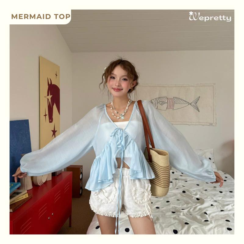 AH13 Mermaid Top Wepretty Áo khoác Cardigan Chất Tơ Mềm Ngắn Cột Dây Tay Dài Viền Gỗ Cổ Điển Nhẹ Nhàng Thích Hợp Mặc Mùa Hè Đi Biển