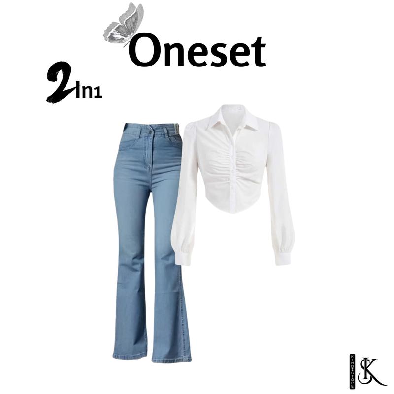 Setelan wanita terbaru atasan Kemeja Crop Putih + Jeans Cutbray + Tas Wanita + Jam Tangan KS0022 6
