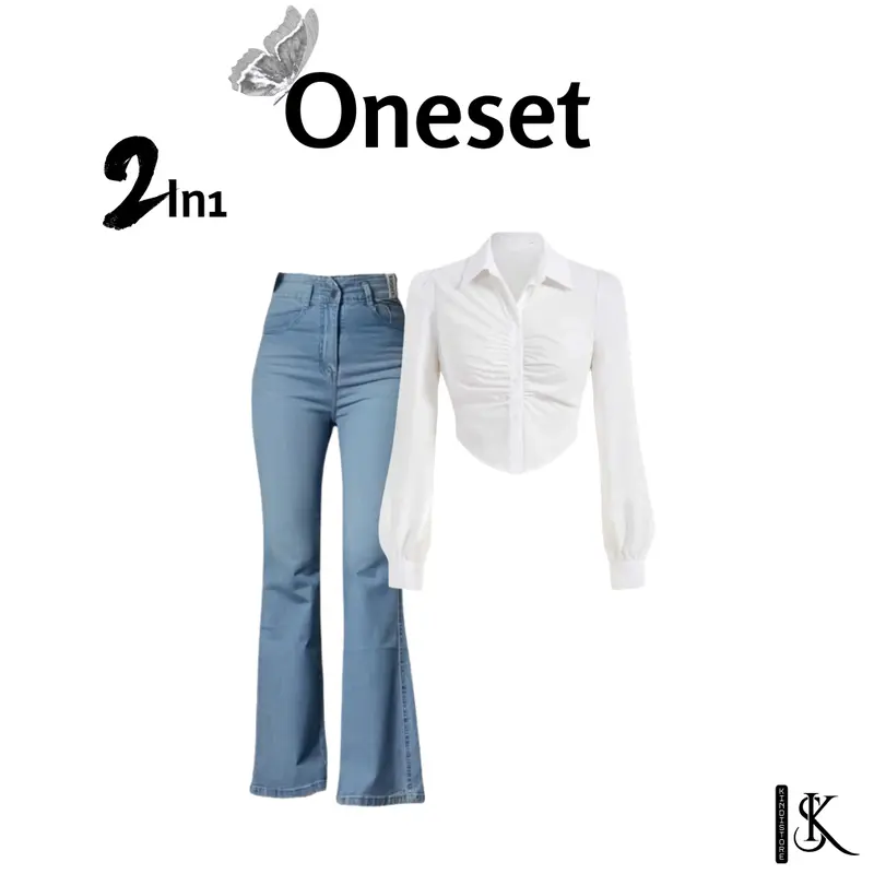 Setelan wanita terbaru atasan Kemeja Crop Putih + Jeans Cutbray + Tas Wanita + Jam Tangan KS0022 5