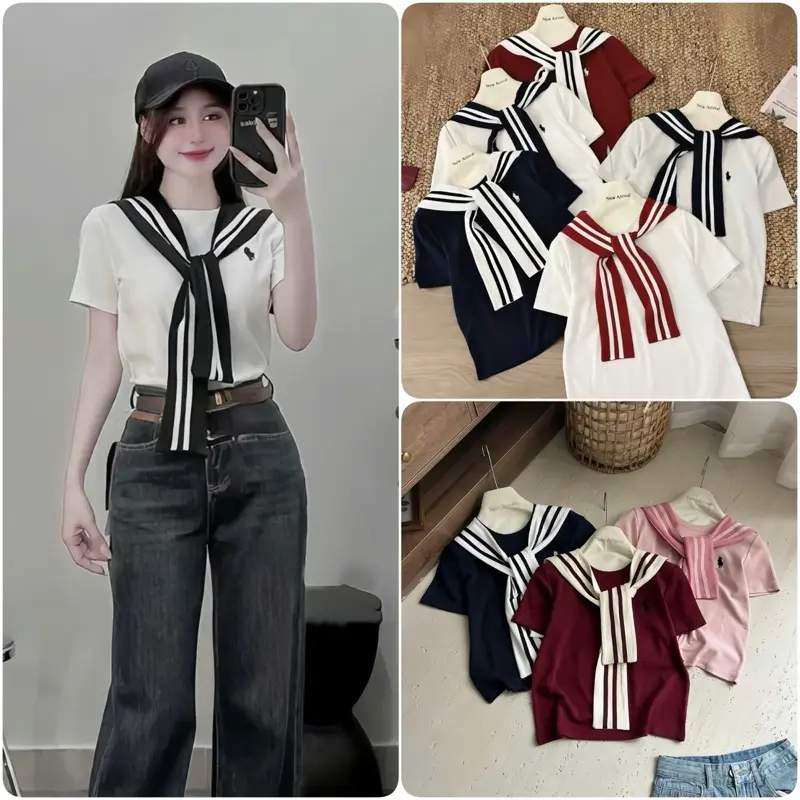 Sét 2 Món Áo Thủ Thủ Thêu Cô Gái Cưỡi Ngựa + Khăn 2 Sọc Chất Thun Lạnh