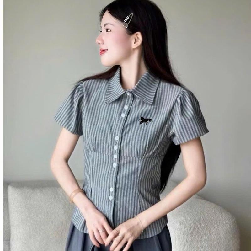 [Bigsize 60 - 90kg] Áo Sơ Mi Nữ Kẻ Sọc Logo Thêu, Chất Cotton Kẻ Sọc Không Giãn