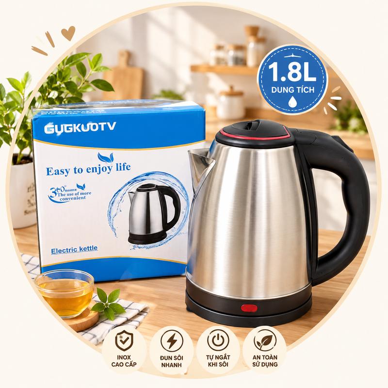 Ấm Siêu Tốc Inox 1.8L GUGKOOTV – Bình Đun Nước Điện Có Đèn Báo, Tay Cầm Cách Nhiệt