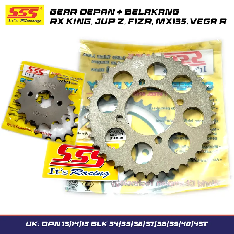 GEAR GER GIR DEPAN BELAKANG SSS RX KING JUPITER Z F1ZR JUPITER MX VEGA R TIPE 428 UKURAN DEPAN 13/14/15 BELAKANG 34/35/36/37/38/39/40/43 WARNA KROM GER SEPAKET GIR DEPAN+BELAKANG GEAR D+B RX SSS RACING Motorcycle 0