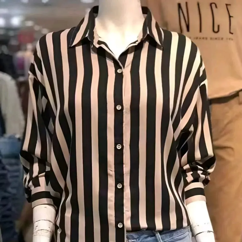Atasan Wanita Zahira Motif Salur Polykatun Lengan Panjang - Casual, Dewasa, Baju, Shakila, Hitam, Top, Garis, Oversize 2
