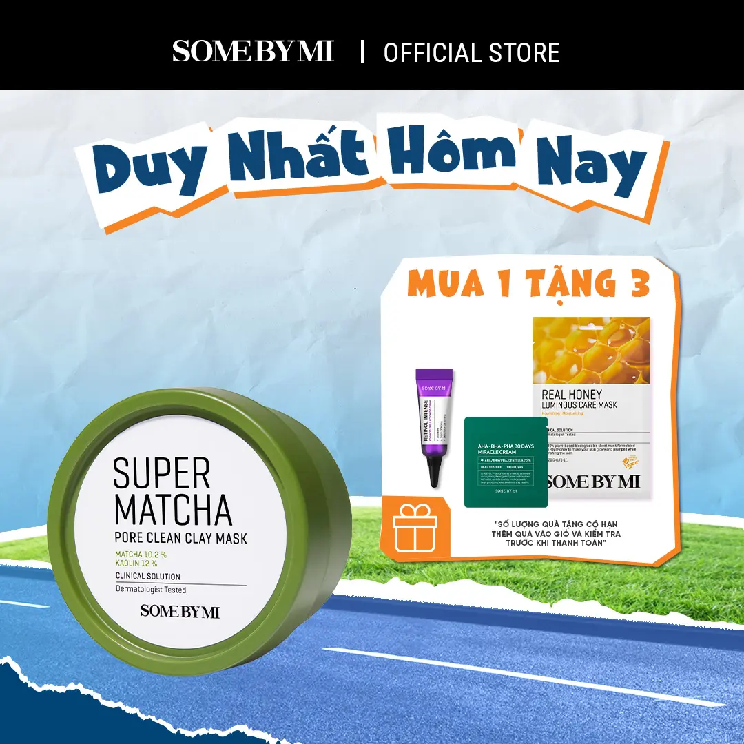 [Quà tặng 1 real mask+ 1 kem mắt 3ml+ 1 sachet kem dưỡng AHA 1.2g] Some By Mi Mặt nạ đất sét trà xanh Super Matcha Pore Clean Clay Mask 100g