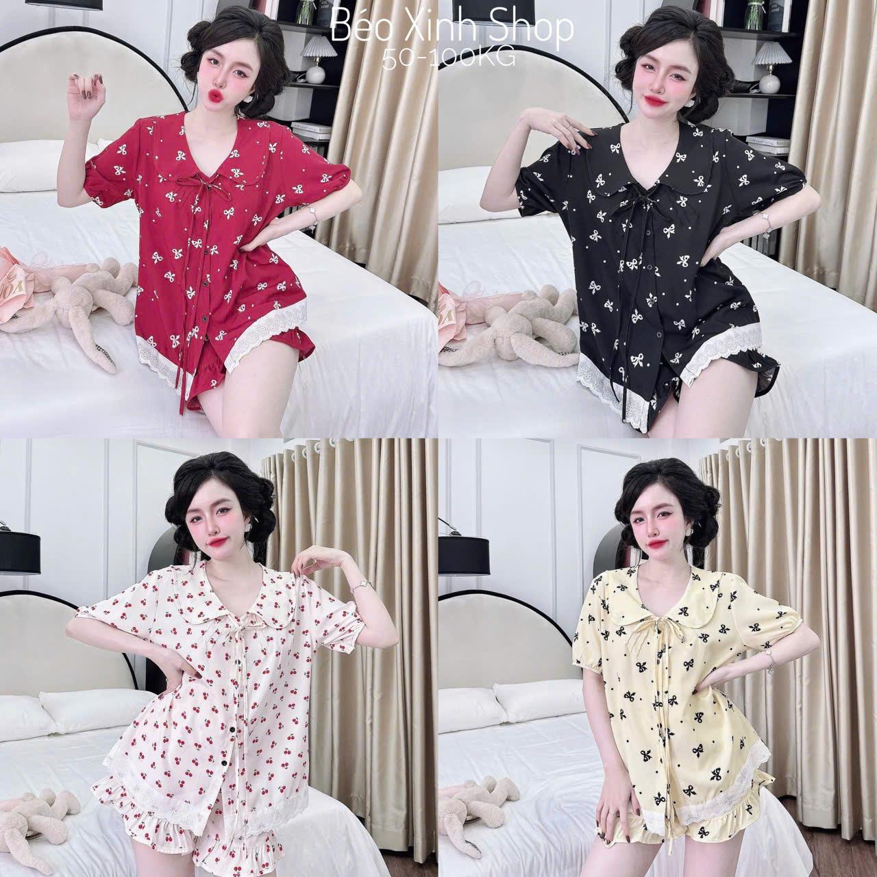 Đồ Bộ - Đồ Ngủ Quần Áo Đùi Lụa Nhật Phối Ren Tiểu Thư Pijama Bigsize 50-100kg Bộ Ngủ Nữ Nhung Lịch Women Quần Ngủ - A.5050