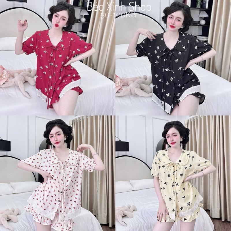 Đồ Bộ - Đồ Ngủ Quần Áo Đùi Lụa Nhật Phối Ren Tiểu Thư Pijama Bigsize 50-100kg Bộ Ngủ Nữ Nhung Lịch Women Quần Ngủ - A.5050
