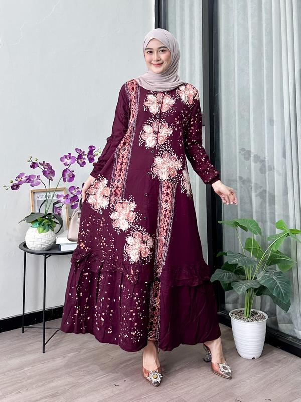 Naya Batik -  Gamis Twill Ori Motif Garis Cap Malaman Bukan Sablon Dress Muslim Wanita Motif Baladewa Hitam Lengan Karet Rempel Bawah Full Kancing Tali Samping Katun Rayon Putih 2