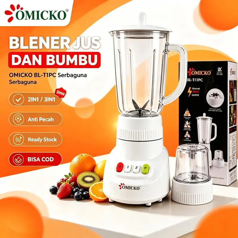 Alat Penggiling Bumbu Serbaguna OMICKO BL‑T11PC 2IN1‑3IN1 Bersertifikat SNI, Blender Jus Hemat Listrik Motor Tahan Lama, Dapat Menghancurkan Es Batu, Tersedia Kapasitas 1.0L 1.25L 1.5L BISA COD