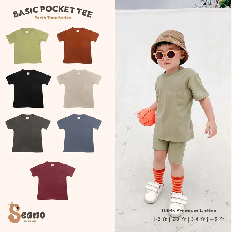 Kaos Pocket Anak 1-5 Tahun Balita Unisex Cotton Combed - Baju Anak - Atasan Anak - Kaos Polos Kantong Anak Earth Tone 0