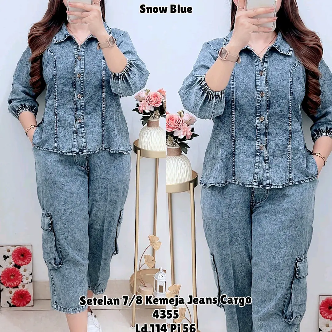 4355 SETELAN 7/8 KEMEJA JEANS CARGO WANITA/SETELAN BAHAN JEANS WANITA/ONE SET LD 114