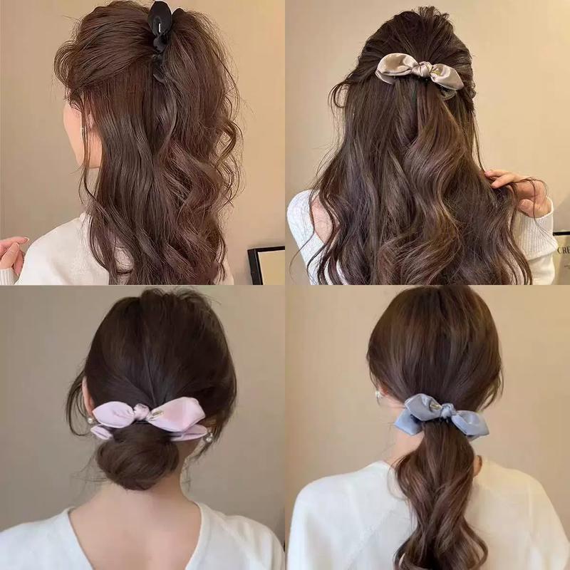 Kẹp tóc hình tai thỏ bằng vải satin mềm mại, có nơ hình chuối, dành cho phụ nữ, dùng để buộc tóc đuôi ngựa ở phía sau đầu, dạng kẹp dọc, kẹp tóc đuôi ngựa, kẹp tóc nửa khóa kéo, phụ kiện tóc