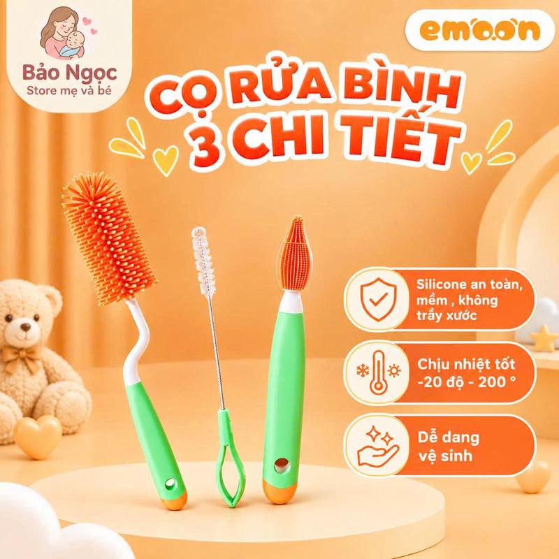 Cọ rửa bình sữa và núm ti cho bé Emoon 3 chi tiết xoay 360 độ chất liệu silicone, có móc treo tiện lợi