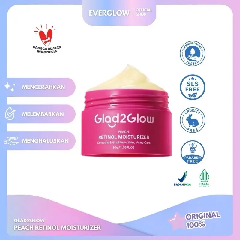 Glad2Glow Retinol Moisturizer Peach 30g Moisturizer g2g Moist Pelembab Wajah Anti Aging Retino Retinol Cream Facial Moisturizer Krim Wajah Mencerahkan untuk membantu melawan tanda-tanda penuaan dini day cream night cream Pelembab Perawatan Mengencangkan