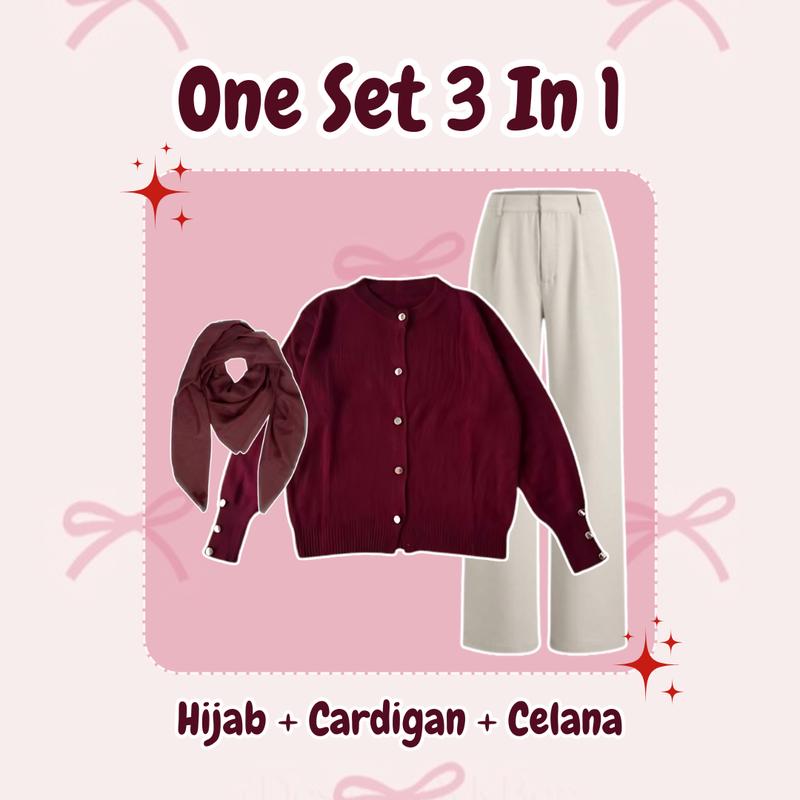 One Set Wanita Setelan Kekinian (Cardigan Rajut + Celana Knit + Hijab) OOTD Feminine Girl - DS082 N  Panjang Casual Oversize 2