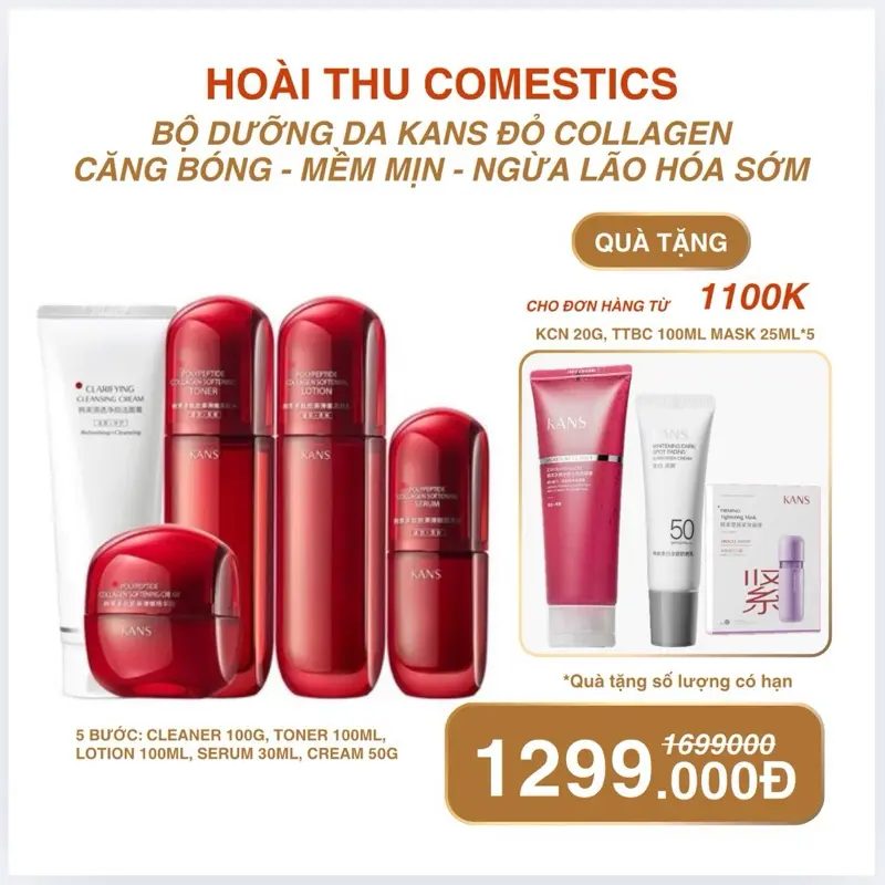 Bộ Mĩ Phẩm KANS Đỏ Collagen Căng Bóng, Hỗ Trợ Làm Chậm Quá Trình Lão Hoá Da 5 Sản Phẩm Có Hộp: Sữa Rửa Mặt, Toner, Lotion, Serum, Kem Dưỡng