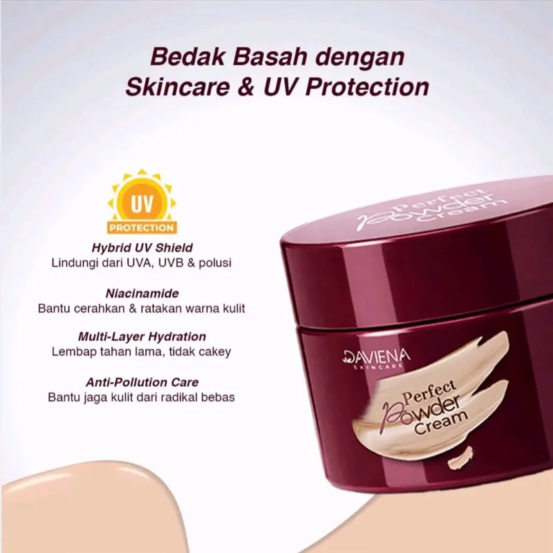 [ READY 1 PCS ] Daviena Skincare Bedak Basah Perfect Powder Cream 10gr Ivory-Beige-Brown dengan UV Filter & Niacinamide untuk Kecerahan Kulit - Acid, Hyaluronic