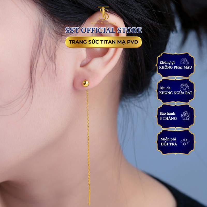 Bông tai Titan SST Bi dây dài sang Không Đen Gỉ BT03