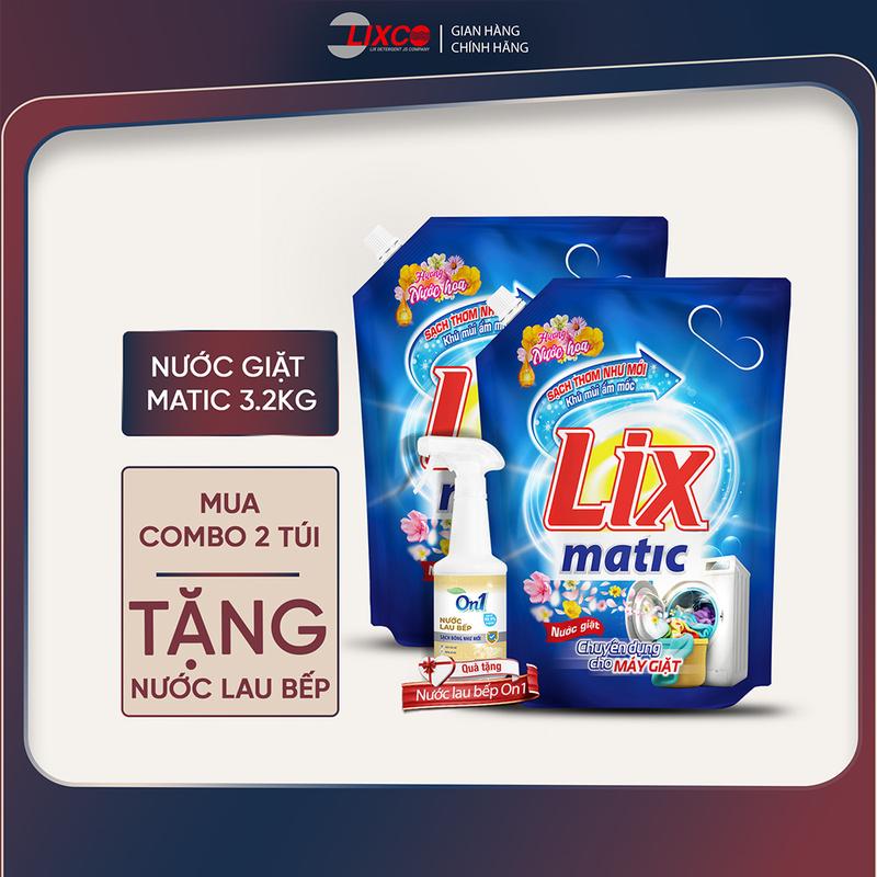  Combo 2 túi nước giặt Lix 3.2kg  túi Matic hương nước hoa 2C-NGM04 tặng nước lau bếp On1 N6701 
