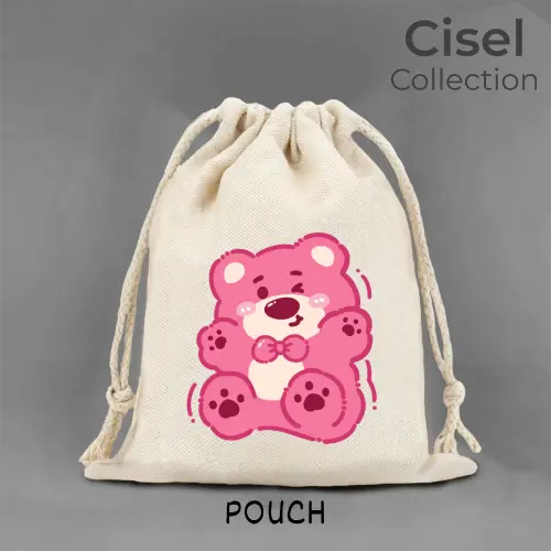 Pouch Serut Organizer Kanvas TEBAL Bear Beruang Pink Lucu Imut Aesthetic Ukuran 15x20 Kecil 25x30 Besar
