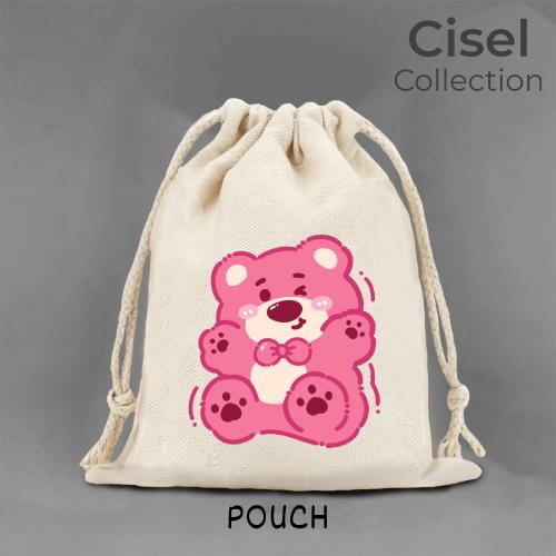 Pouch Serut Organizer Kanvas TEBAL Bear Beruang Pink Lucu Imut Aesthetic Ukuran 15x20 Kecil 25x30 Besar 0