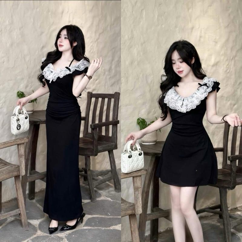Váy thun body zip cổ thuyền phối bèo, 2 độ dài mini & midi, váy điệu đà tiểu thư, hàng quảng châu đẹp 0