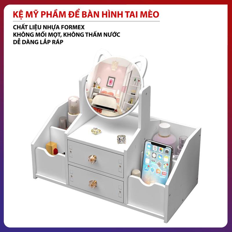 Kệ Đựng Mỹ Phâm Để Bàn Có Gương KMP-MEO Kệ Để Đồ Trang Điểm Tủ Đựng Mỹ Phẩm Mini Để Bàn Thiết Kế Lắp Ráp Tiện Lợi