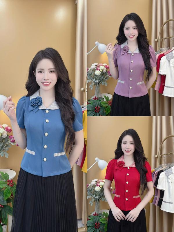 Áo Sơ Mi Nữ Peplum A76 – Thiết Kế Cổ Kẻ Điệu Đà Điểm Hoa Đính Thanh Lịch Tôn Vẻ Đẹp Quý Phái Nơi Công Sở