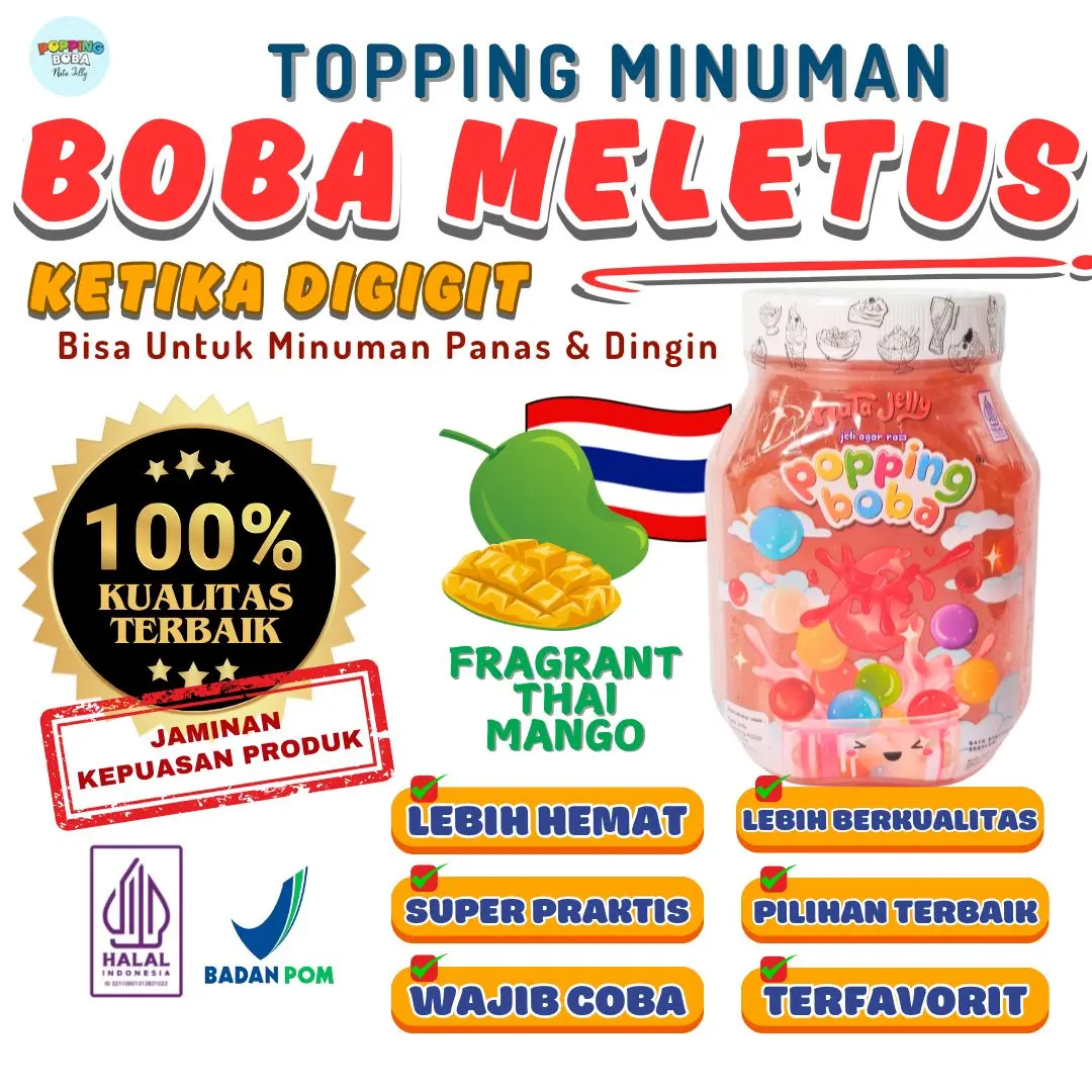 Boba Meletus Dimulut Topping Minuman Instan - Popping Boba Pecah Dimulut Rasa Mangga 500 Gram | Cocok Untuk Semua Minuman | Popping Boba Nata Jelly