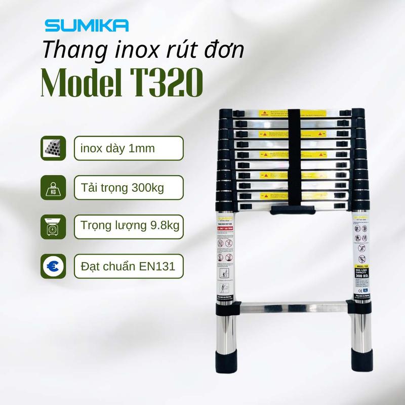 Thang inox rút đơn SUMIKA T320, chiều cao tối đa 3.2m, chất liệu inox 316