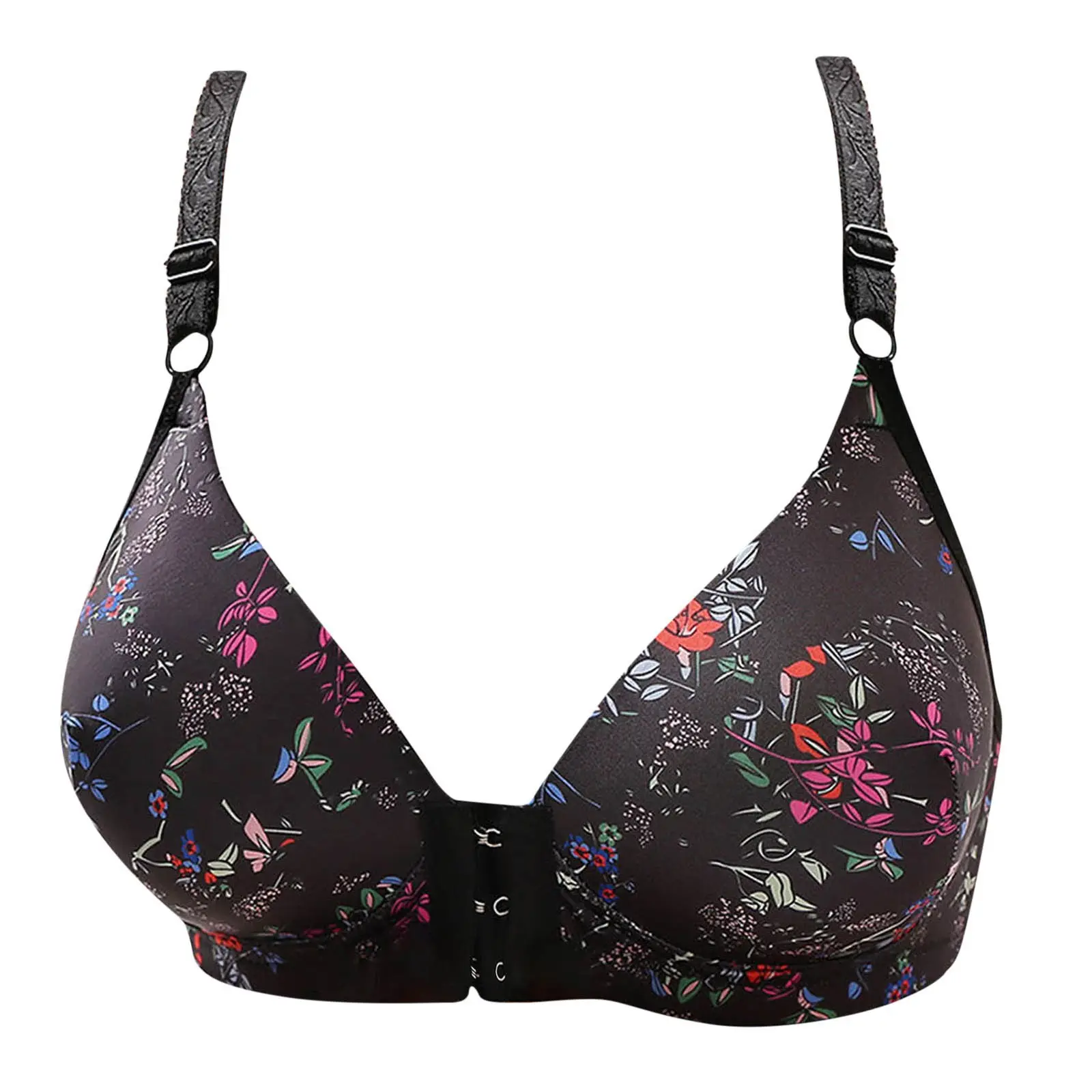 Women's Wireless Printed Push Up Bra Thin Front Button Adjustable Breast Shape Daily Bra