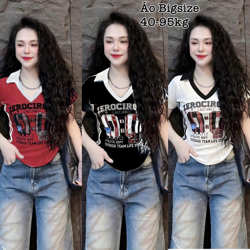Áo Thun Nữ Bigsize (40-95kg) Cổ Tim Polo Sọc in Chữ Chất Gân Tăm Co Giãn Xinh Đẹp Hot Hit Chuppy Dễ Thương Body Ôm Gọn Tôn Dáng Giá Rẻ Freesize 50-95kg Top Nữ Màu Xám Màu Đen Áo Croptop Áo Polo Áo Suit Áo Phông Nữ Women Màu Đỏ - 2489