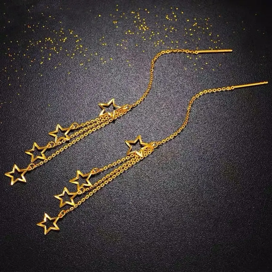 anting titanium wanita gaya terbaru model tusuk garis panjang jurai depan belakang hiasan bintang new fashion style jewelry Gold Elegan
