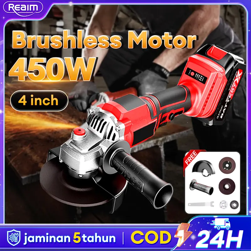 Reaim【Diskon 50%】 Gerinda Baterai Brushless 4Inch 450W Mesin Gerinda Baterai Tangan Cordless Angle Grinder Mesin Gerinda Tangan Murah