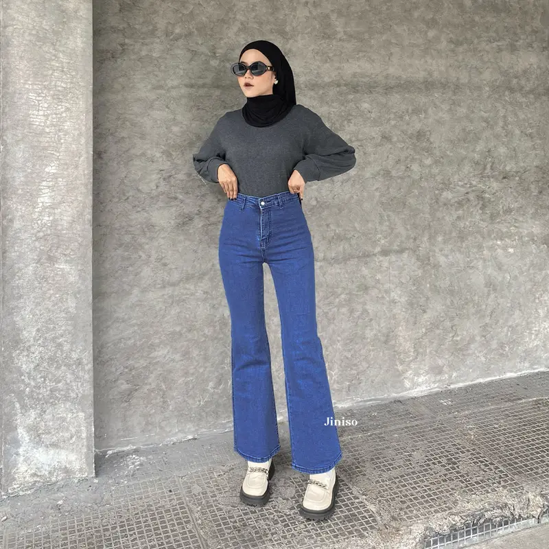 HANGOUT - JINISO Stretch Cutbray Celana Jeans Wanita Highwaist 2