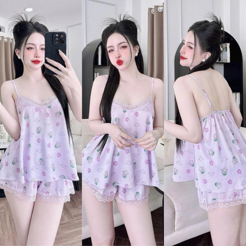 Bộ Đồ Ngủ Nữ Sexy HEUN YOUNG Đồ Bộ Nữ, Bộ Mặc Nhà 2 Dây Phối Ren Quần Đùi Lụa Latin Mềm Mịn FreeSize 40-65kg Áo Kem Women 5