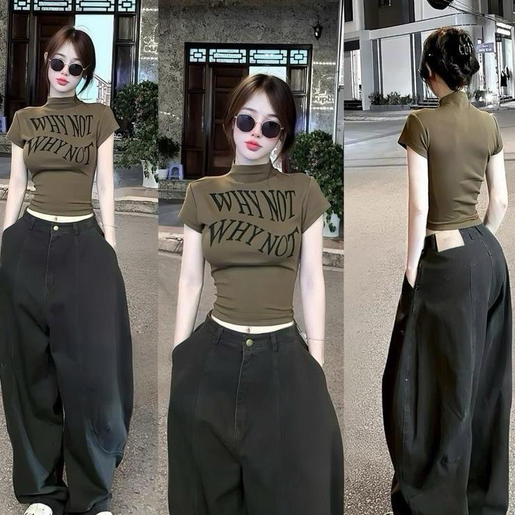  Áo thun nữ croptop cổ cao why not tay ngắn ôm body chất borip 