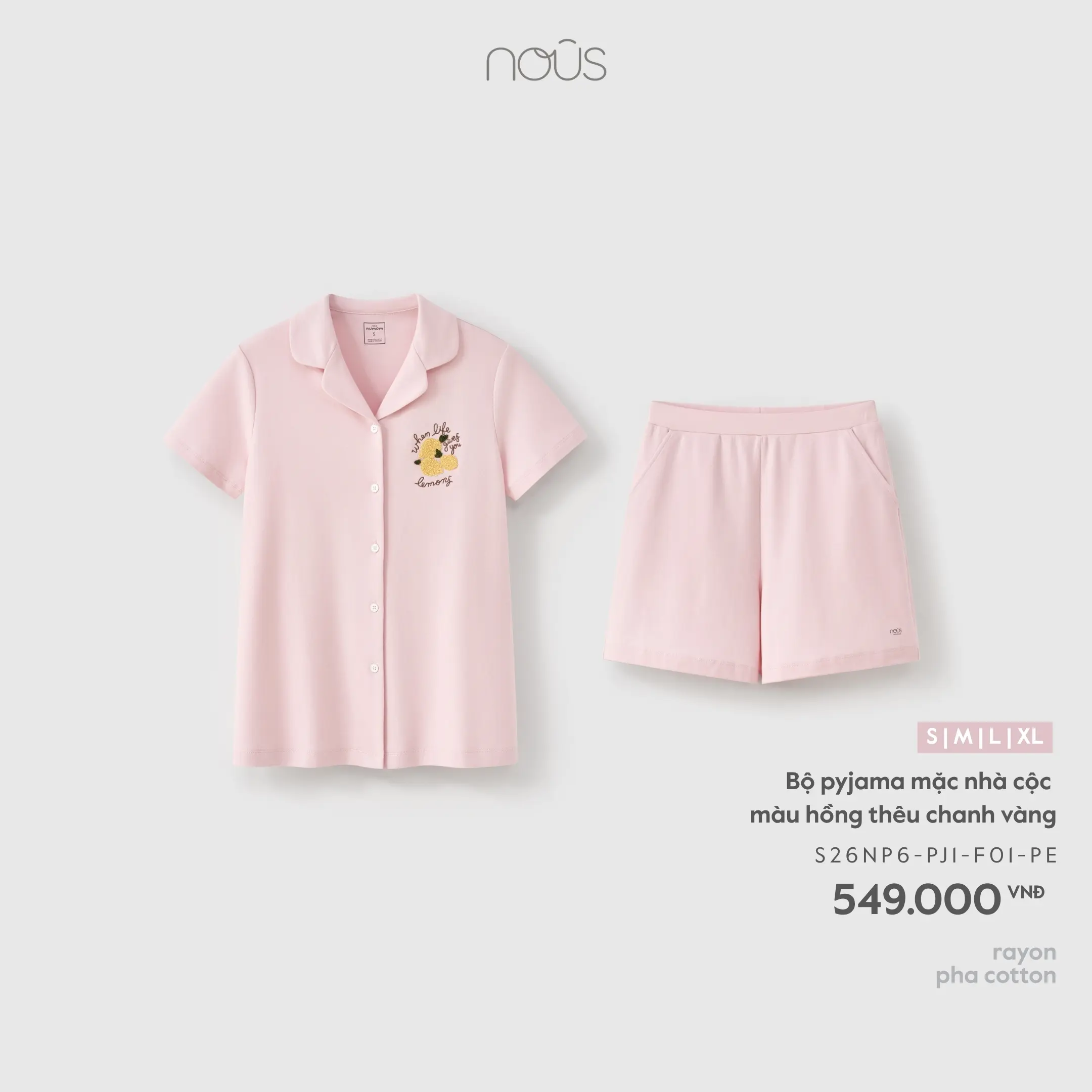 Bộ pyjama mặc nhà cộc màu hồng thêu chanh vàng Nous