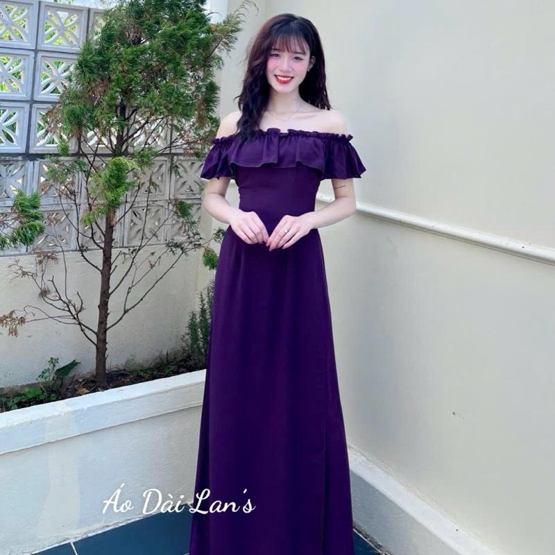  ELLY -Bộ Áo Dài  Màu  Tím  Than  Lễ Tân Cổ Hở Bẹt Vai Gợi Cảm Dễ Thương Lụa Tằm Ý kèm quần sang trọng 