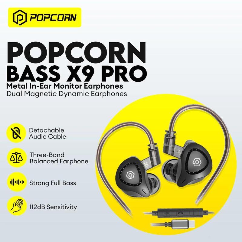 Popcorn BASS X9 Pro HiFi In-Ear Earphones Dual Dynamic Drivers | 3.5mm and Type-C Wired Gaming Headphones with Mic & Deep Bass