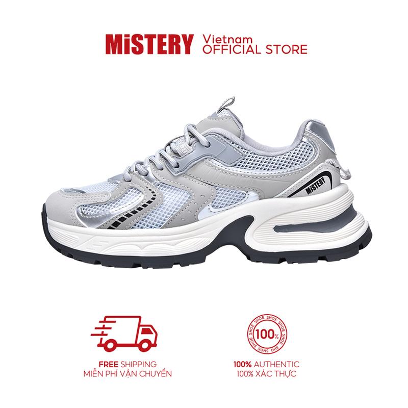 MiSTERY Giày Thể Thao Chạy Bộ Thoáng Khí Đế Dày Lưới Bố Nữ Bạc 5.5cm Tăng Chiều Cao MIS-1555