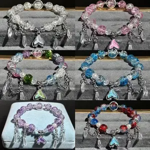 【Jojoo】Gelang Ekor Ikan Kristal Gaya Hutan Gelang Manik Kaca Warna-warni Gelang Sederhana Manis