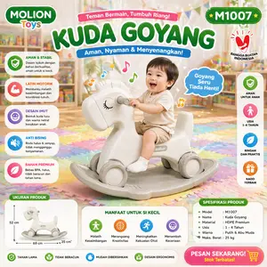 MOLION Mainan Anak Kuda Kudaan Rocking Horse M1007 Edukatif Plastik Putih 88x39x51cm untuk 1-6 Tahun dengan Stik Pegangan dan Alas Dapat Dilepas Meningkatkan Keseimbangan Tubuh