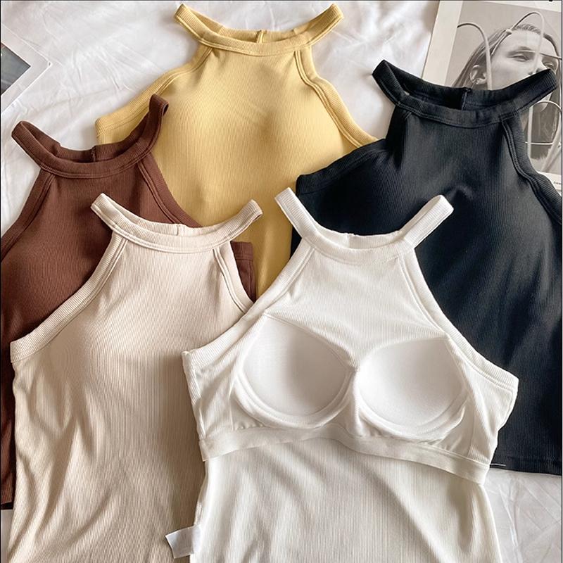 Product Introduction of Women's Sports Yoga Halter Tank Top Camisole Bra with Chest Pad Vest Sleeveless Tube Top Solid color versatile women's tank top Cotton Crop Top 18
