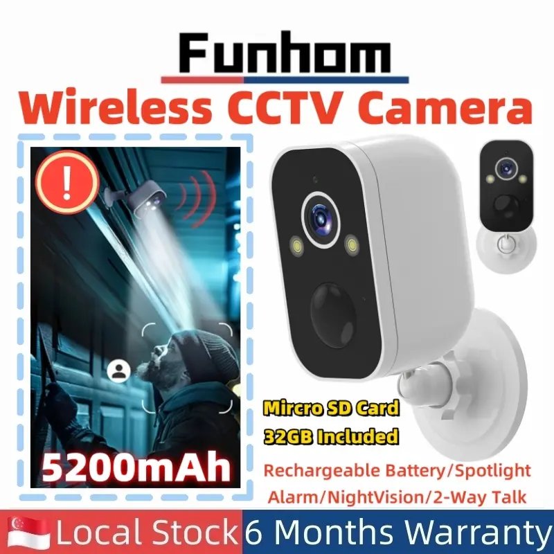 [SG Stocks] Wireless CCTV Camera For Indoor Outdoor With Rechargeable Battery/Spotlight/Alarm/2K Ultra HD/Color Night Vision/AI Human Recognition/PIR Motion Detection/IP66 Weatherproof/Two-Way Audio & Hands-Free Voice Control/SD Card Storage & Data Secure